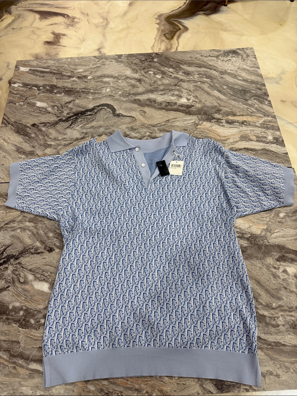 AUTHENTIC Dior Light Blue Short-Sleeve Logo Jacquard Polo Knit Top UNWORN